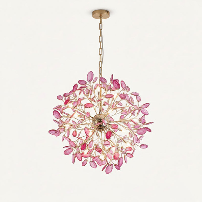 Agaat Kroonluchter met Braziliaanse Edelsteenschijven Roségoud Frame Luxe Hangverlichting voor Eetkamer Woonkamer Slaapkamer