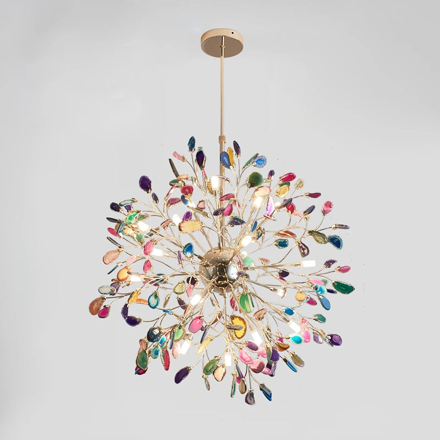 Agaat Kroonluchter met Braziliaanse Edelsteenschijven Roségoud Frame Luxe Hangverlichting voor Eetkamer Woonkamer Slaapkamer