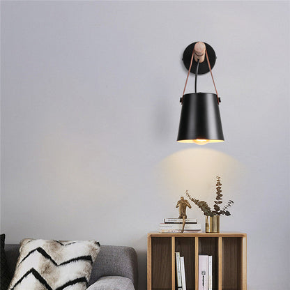 Wandlamp Kegel Hout IJzer Leren Band E27 Industrieel Zwart Wit Woonkamer