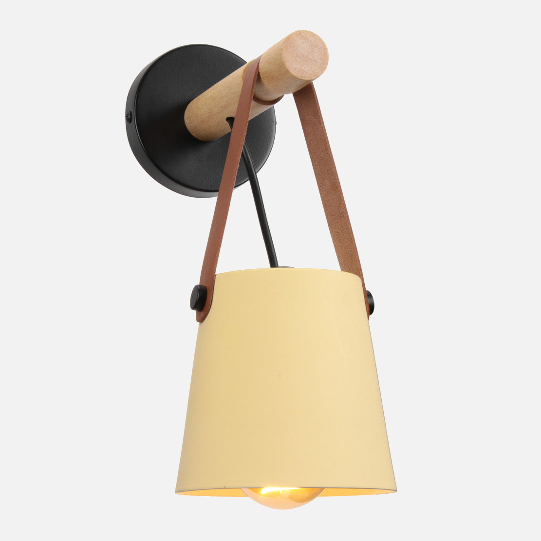 Wandlamp Kegel Hout IJzer Leren Band E27 Industrieel Zwart Wit Woonkamer