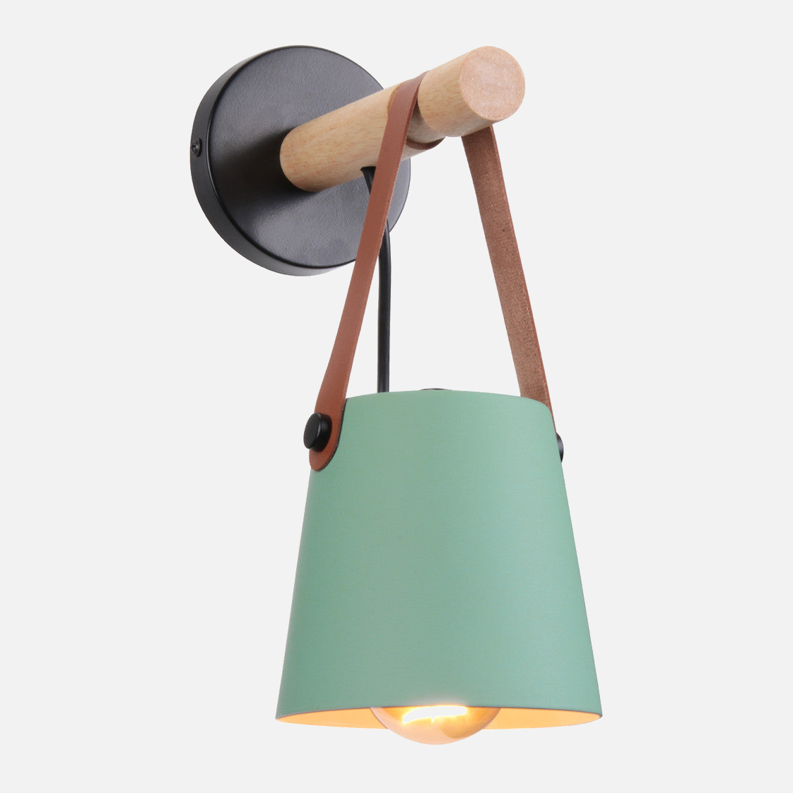Wandlamp Kegel Hout IJzer Leren Band E27 Industrieel Zwart Wit Woonkamer
