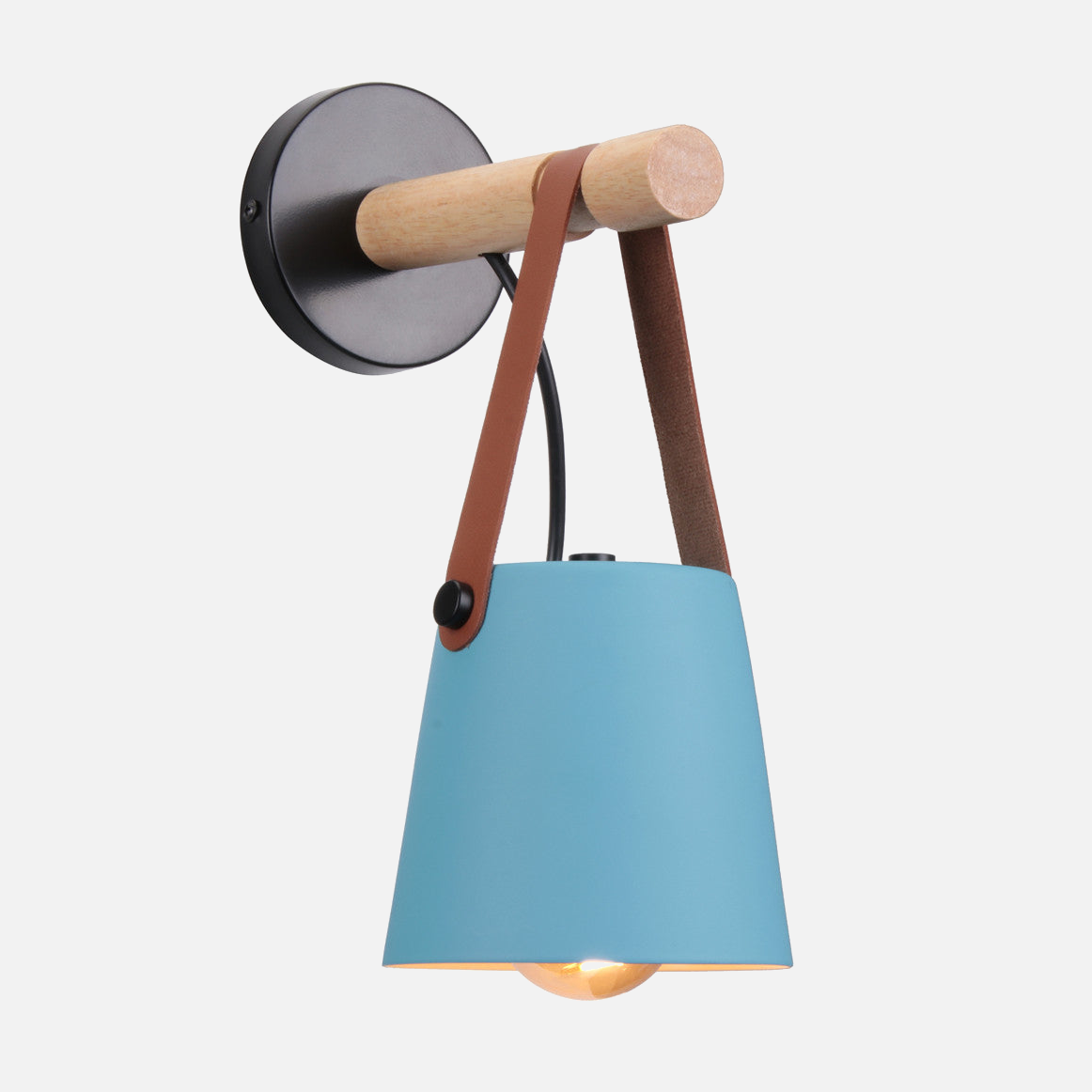 Wandlamp Kegel Hout IJzer Leren Band E27 Industrieel Zwart Wit Woonkamer