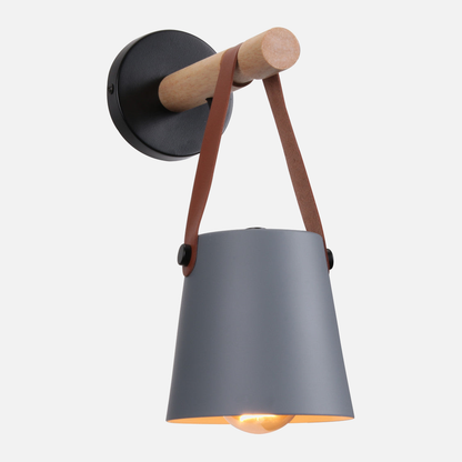 Wandlamp Kegel Hout IJzer Leren Band E27 Industrieel Zwart Wit Woonkamer