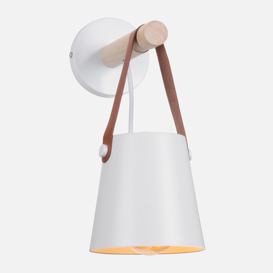 Wandlamp Kegel Hout IJzer Leren Band E27 Industrieel Zwart Wit Woonkamer