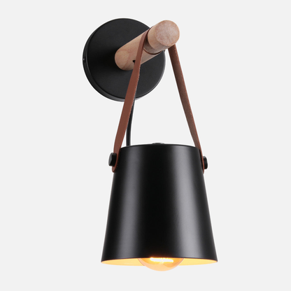 Wandlamp Kegel Hout IJzer Leren Band E27 Industrieel Zwart Wit Woonkamer