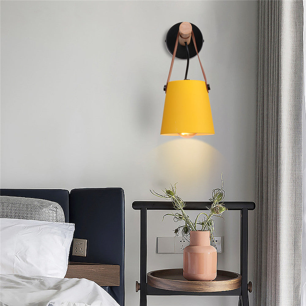 Wandlamp Kegel Hout IJzer Leren Band E27 Industrieel Zwart Wit Woonkamer
