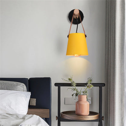 Wandlamp Kegel Hout IJzer Leren Band E27 Industrieel Zwart Wit Woonkamer