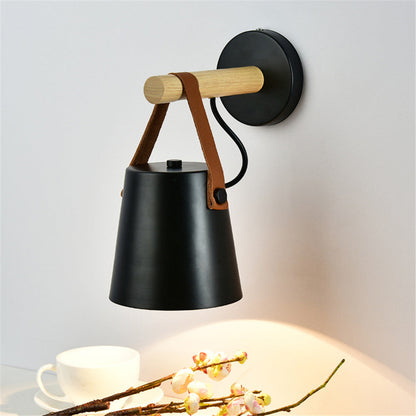 Wandlamp Kegel Hout IJzer Leren Band E27 Industrieel Zwart Wit Woonkamer