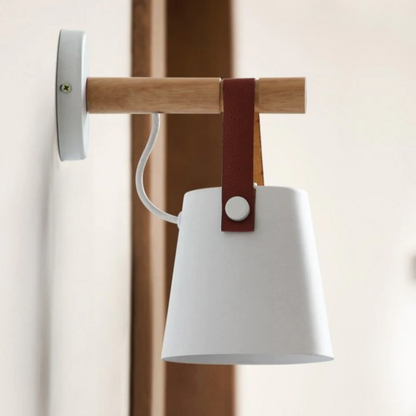 Wandlamp Kegel Hout IJzer Leren Band E27 Industrieel Zwart Wit Woonkamer