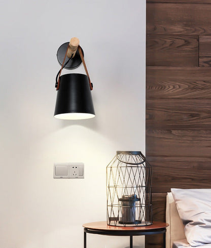 Wandlamp Kegel Hout IJzer Leren Band E27 Industrieel Zwart Wit Woonkamer