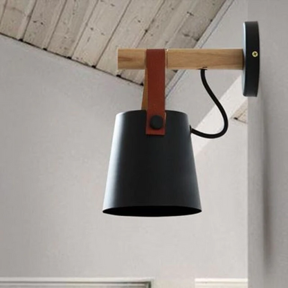 Wandlamp Kegel Hout IJzer Leren Band E27 Industrieel Zwart Wit Woonkamer