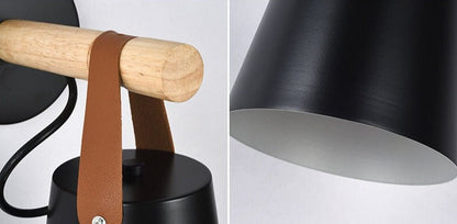 Wandlamp Kegel Hout IJzer Leren Band E27 Industrieel Zwart Wit Woonkamer