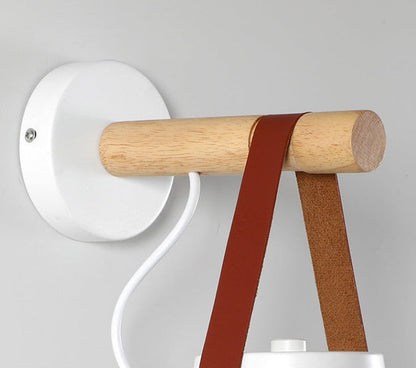 Wandlamp Kegel Hout IJzer Leren Band E27 Industrieel Zwart Wit Woonkamer