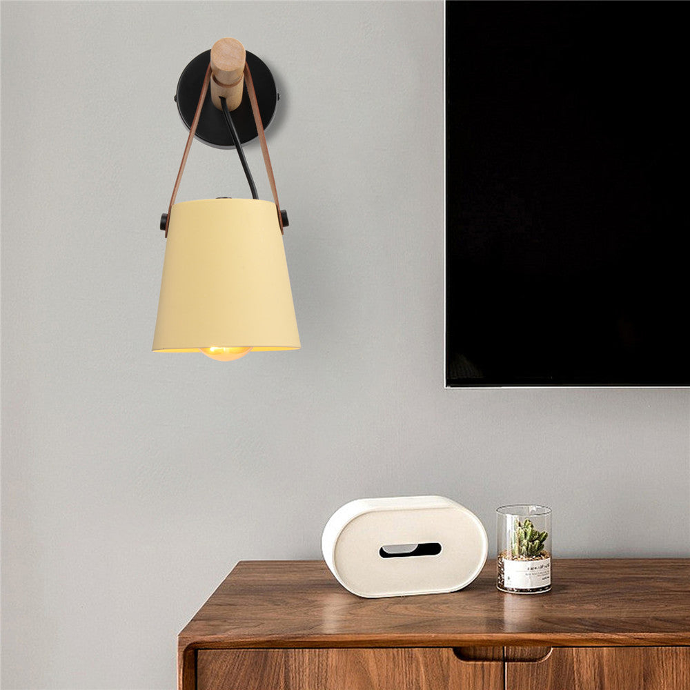 Wandlamp Kegel Hout IJzer Leren Band E27 Industrieel Zwart Wit Woonkamer