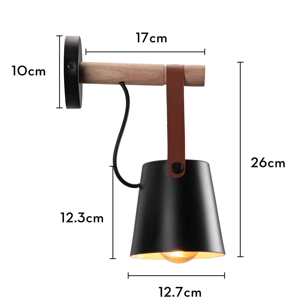 Wandlamp Kegel Hout IJzer Leren Band E27 Industrieel Zwart Wit Woonkamer
