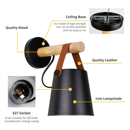 Wandlamp Kegel Hout IJzer Leren Band E27 Industrieel Zwart Wit Woonkamer