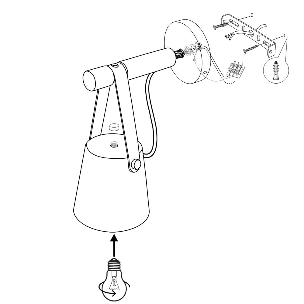 Wandlamp Kegel Hout IJzer Leren Band E27 Industrieel Zwart Wit Woonkamer