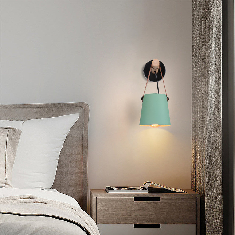 Wandlamp Kegel Hout IJzer Leren Band E27 Industrieel Zwart Wit Woonkamer
