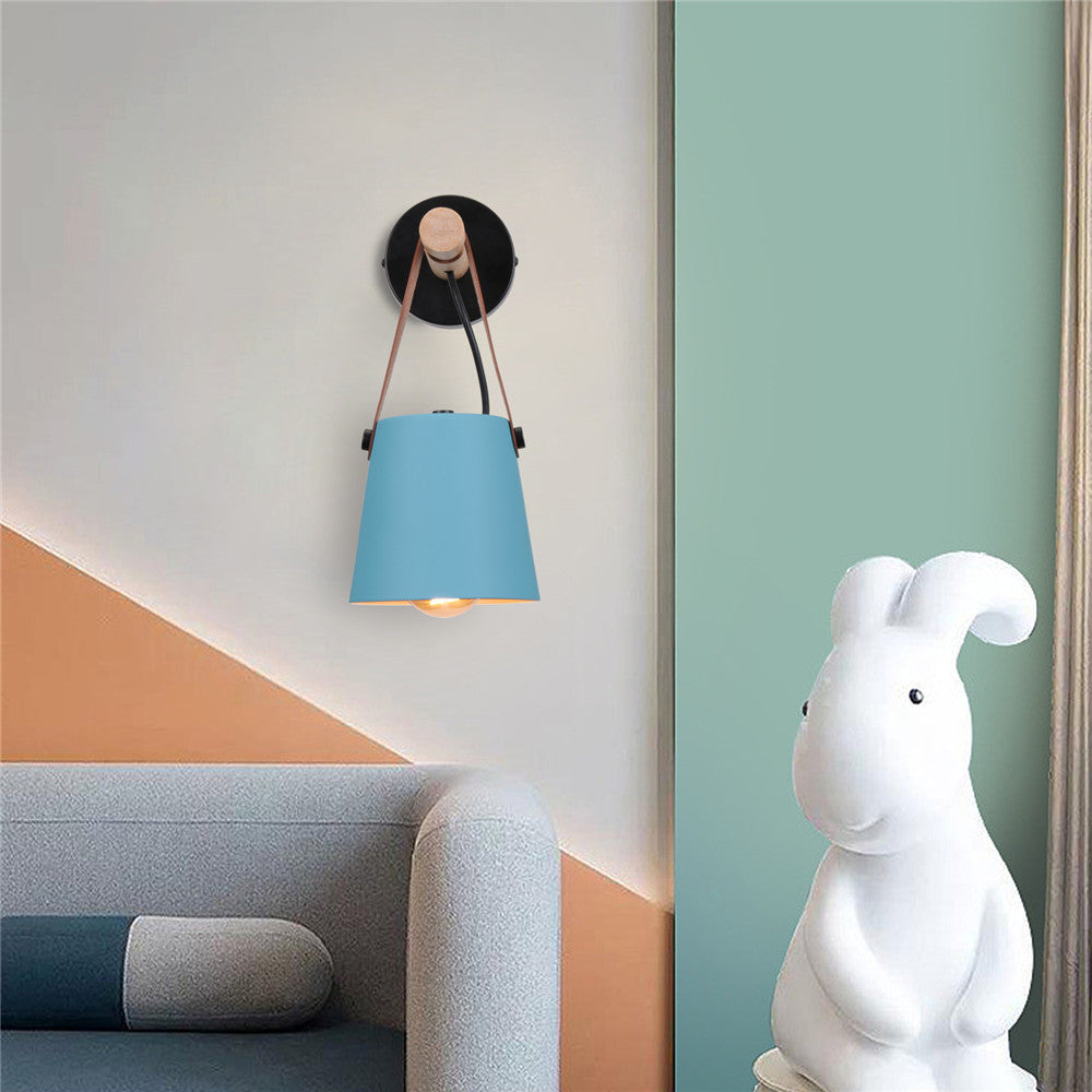 Wandlamp Kegel Hout IJzer Leren Band E27 Industrieel Zwart Wit Woonkamer