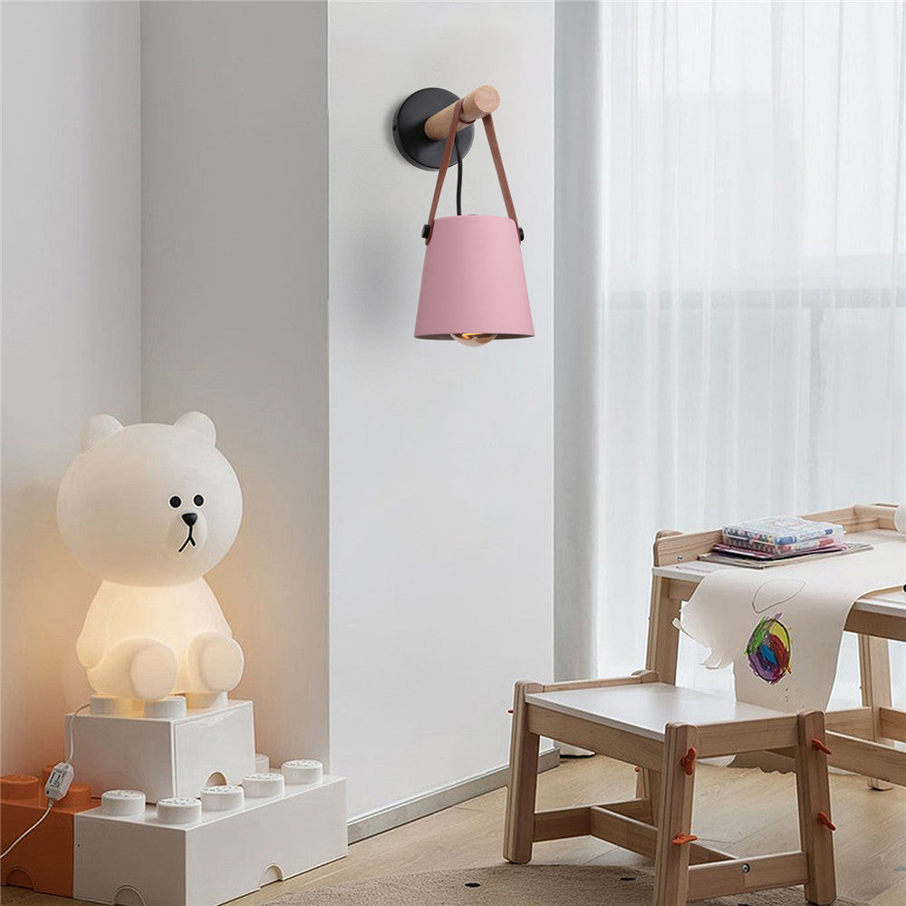 Wandlamp Kegel Hout IJzer Leren Band E27 Industrieel Zwart Wit Woonkamer