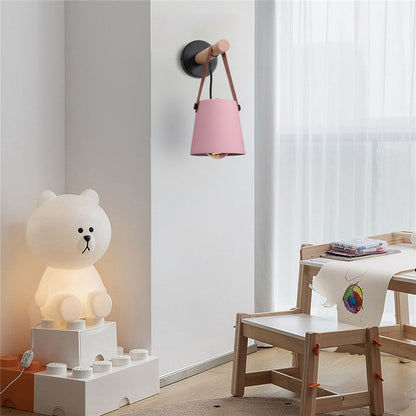Wandlamp Kegel Hout IJzer Leren Band E27 Industrieel Zwart Wit Woonkamer