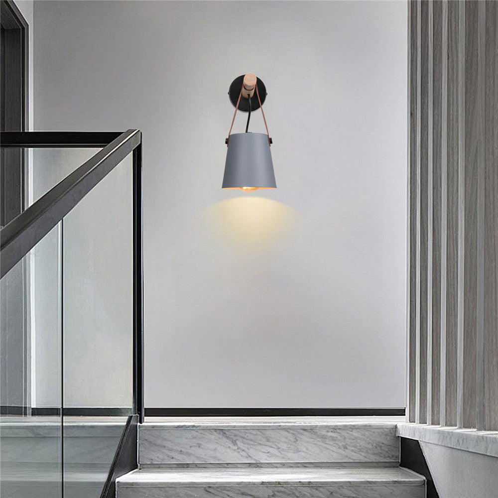 Wandlamp Kegel Hout IJzer Leren Band E27 Industrieel Zwart Wit Woonkamer
