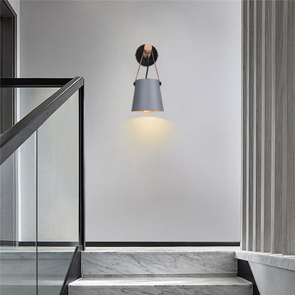 Wandlamp Kegel Hout IJzer Leren Band E27 Industrieel Zwart Wit Woonkamer