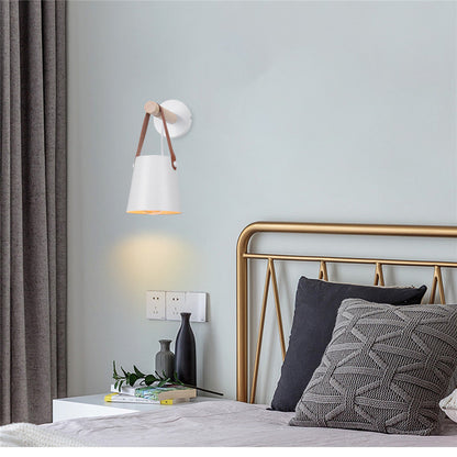 Wandlamp Kegel Hout IJzer Leren Band E27 Industrieel Zwart Wit Woonkamer