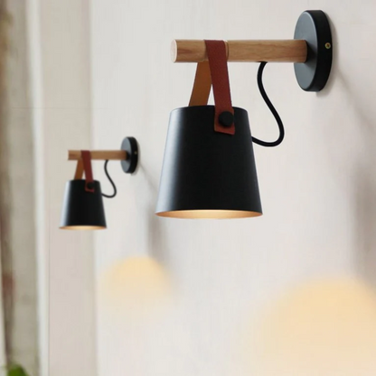 Wandlamp Kegel Hout IJzer Leren Band E27 Industrieel Zwart Wit Woonkamer