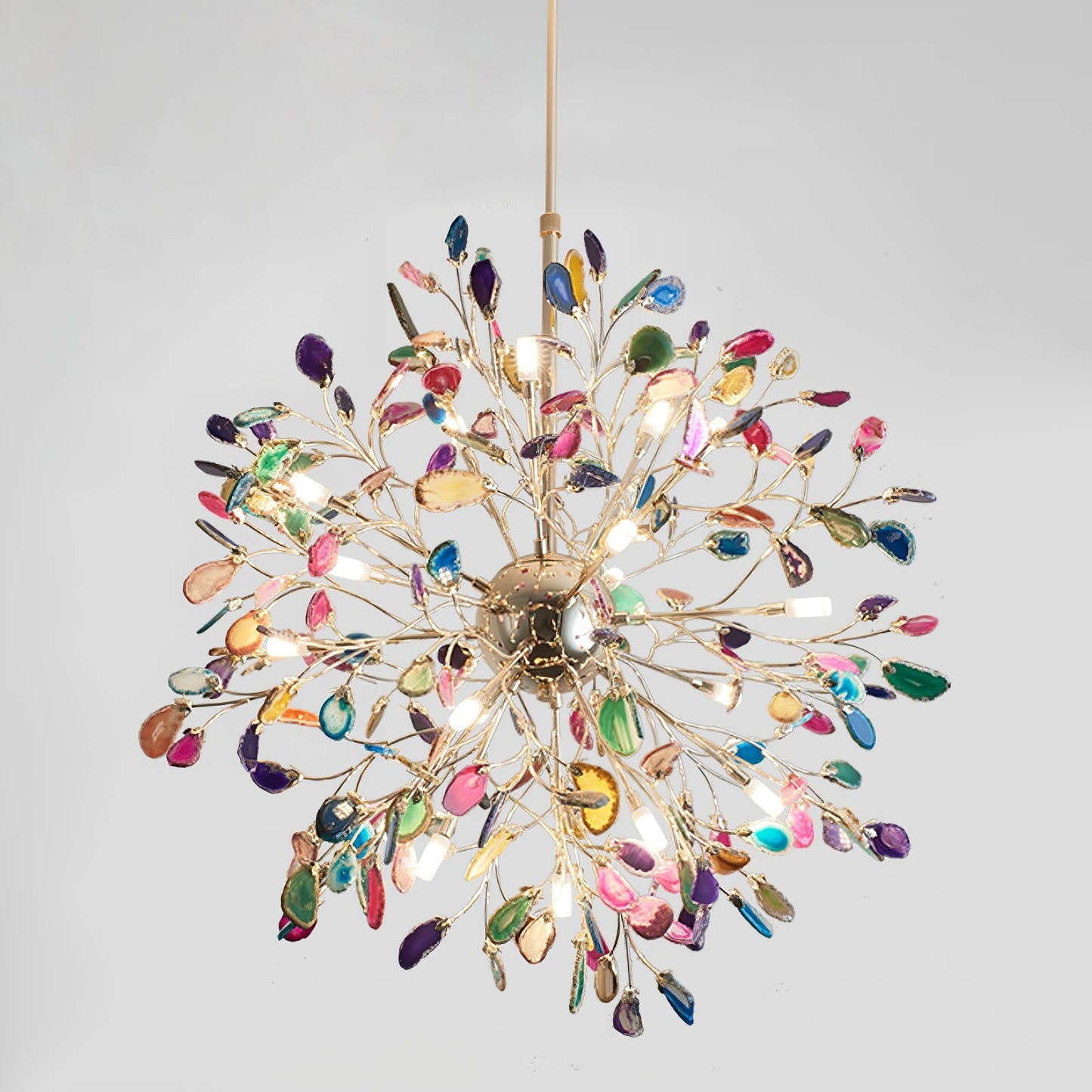 Agaat Kroonluchter met Braziliaanse Edelsteenschijven Roségoud Frame Luxe Hangverlichting voor Eetkamer Woonkamer Slaapkamer