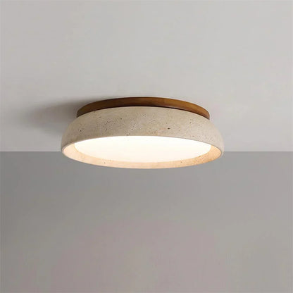Scandinavische Plafondlamp Travertijn met Houtaccent — Moderne Ronde Opbouwspot Natuursteen en Acryl Inbouw LED Verlichting Warm Wit 3000K Slaapkamer Gang Entree Woonkamer — Ø 30 cm × H 7 cm