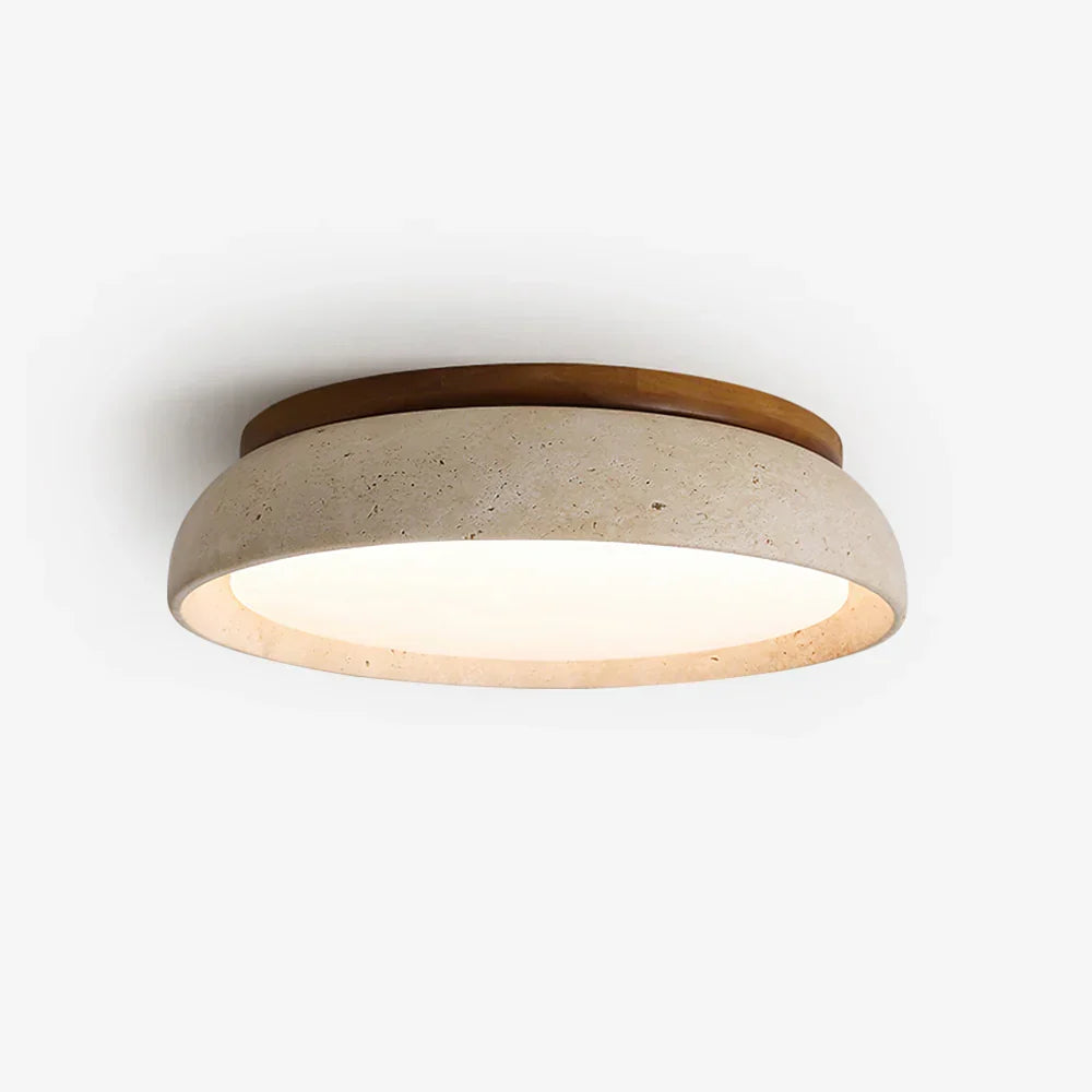 Scandinavische Plafondlamp Travertijn met Houtaccent — Moderne Ronde Opbouwspot Natuursteen en Acryl Inbouw LED Verlichting Warm Wit 3000K Slaapkamer Gang Entree Woonkamer — Ø 30 cm × H 7 cm