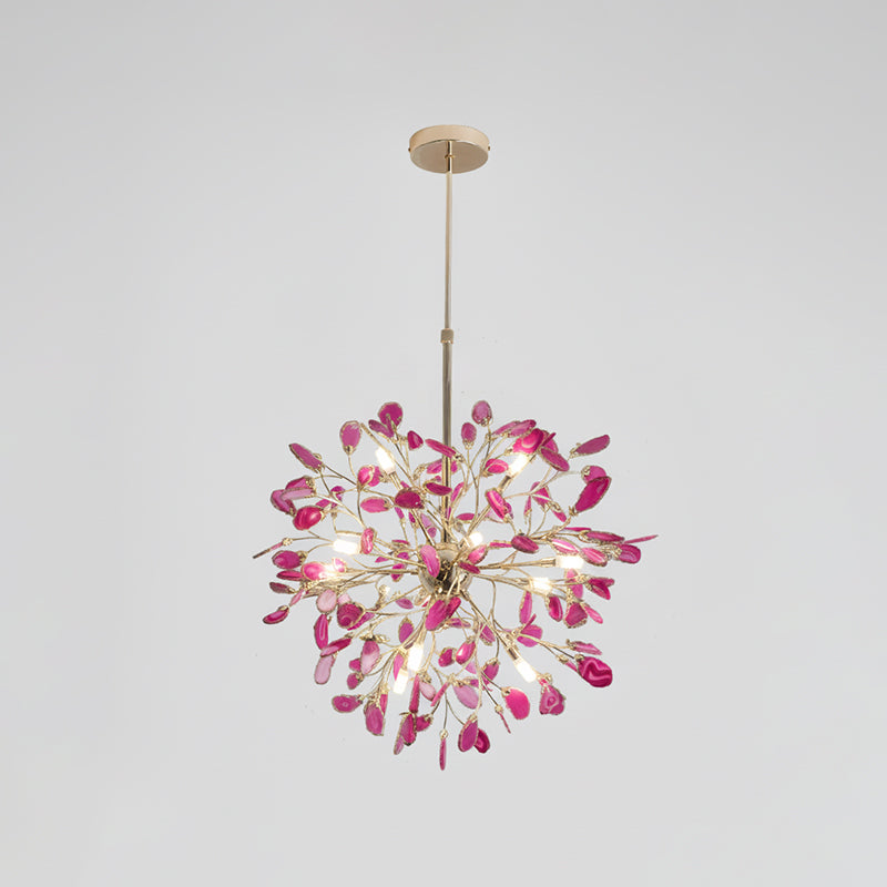 Agaat Kroonluchter met Braziliaanse Edelsteenschijven Roségoud Frame Luxe Hangverlichting voor Eetkamer Woonkamer Slaapkamer