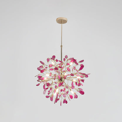 Agaat Kroonluchter met Braziliaanse Edelsteenschijven Roségoud Frame Luxe Hangverlichting voor Eetkamer Woonkamer Slaapkamer