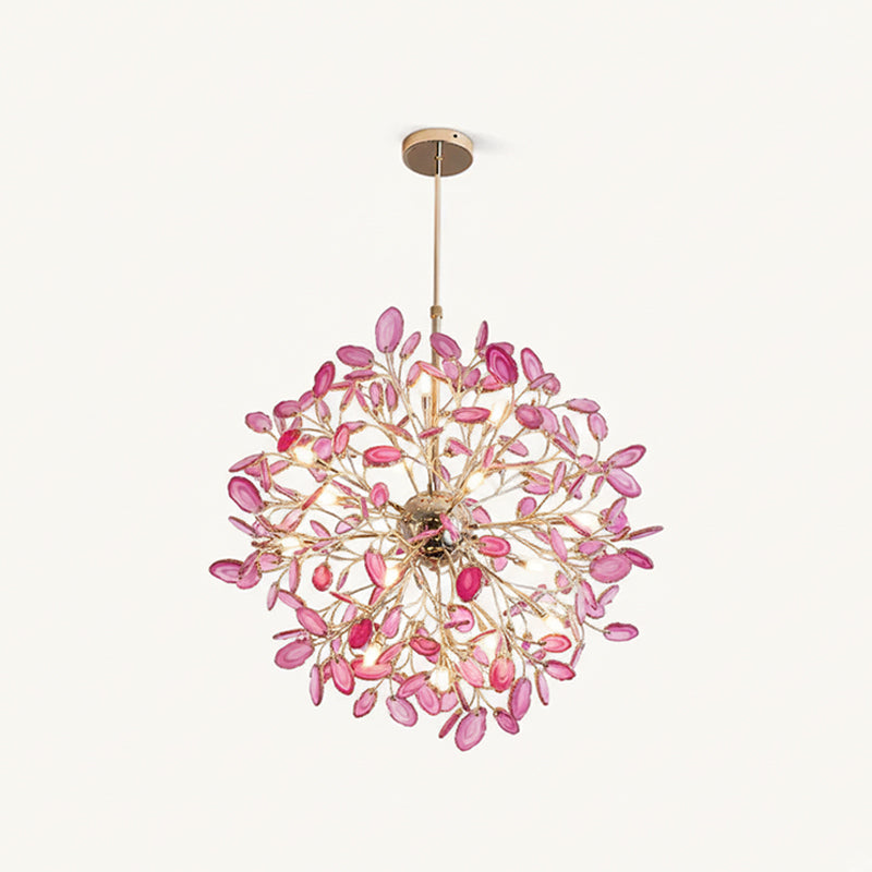 Agaat Kroonluchter met Braziliaanse Edelsteenschijven Roségoud Frame Luxe Hangverlichting voor Eetkamer Woonkamer Slaapkamer