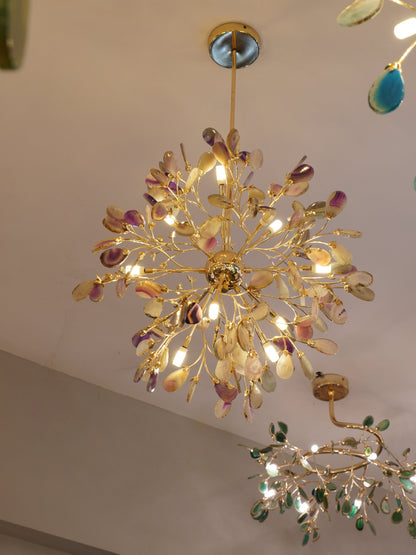 Agaat Kroonluchter met Braziliaanse Edelsteenschijven Roségoud Frame Luxe Hangverlichting voor Eetkamer Woonkamer Slaapkamer