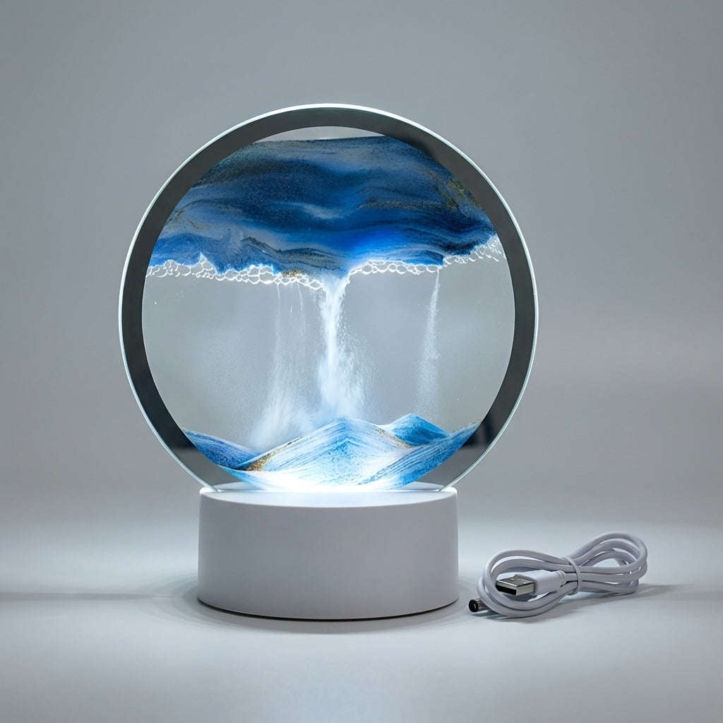 Zandkunst Lamp LED Glas Houten Voet 25x20 cm Sfeerverlichting Woonkamer Slaapkamer Bewegend Zandbeeld Bureau Decoratie Cadeau
