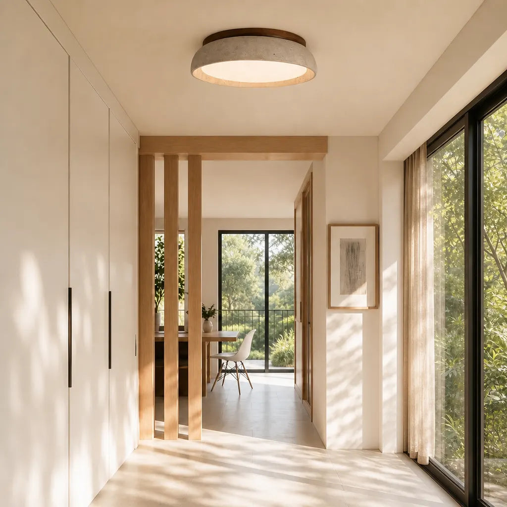 Scandinavische Plafondlamp Travertijn met Houtaccent — Moderne Ronde Opbouwspot Natuursteen en Acryl Inbouw LED Verlichting Warm Wit 3000K Slaapkamer Gang Entree Woonkamer — Ø 30 cm × H 7 cm