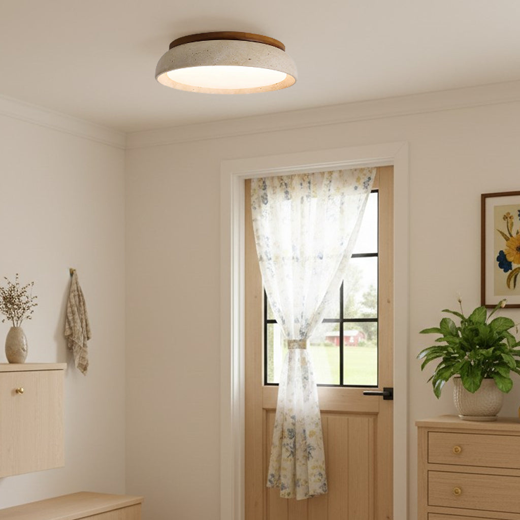 Scandinavische Plafondlamp Travertijn met Houtaccent — Moderne Ronde Opbouwspot Natuursteen en Acryl Inbouw LED Verlichting Warm Wit 3000K Slaapkamer Gang Entree Woonkamer — Ø 30 cm × H 7 cm