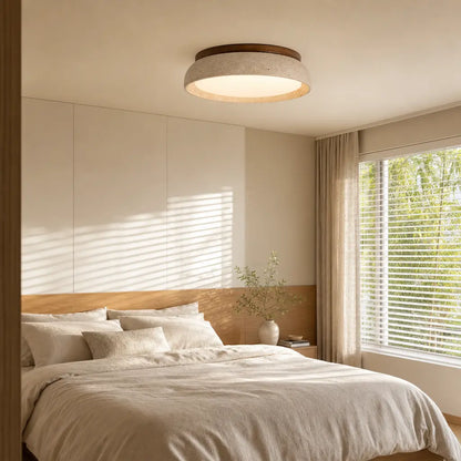 Scandinavische Plafondlamp Travertijn met Houtaccent — Moderne Ronde Opbouwspot Natuursteen en Acryl Inbouw LED Verlichting Warm Wit 3000K Slaapkamer Gang Entree Woonkamer — Ø 30 cm × H 7 cm