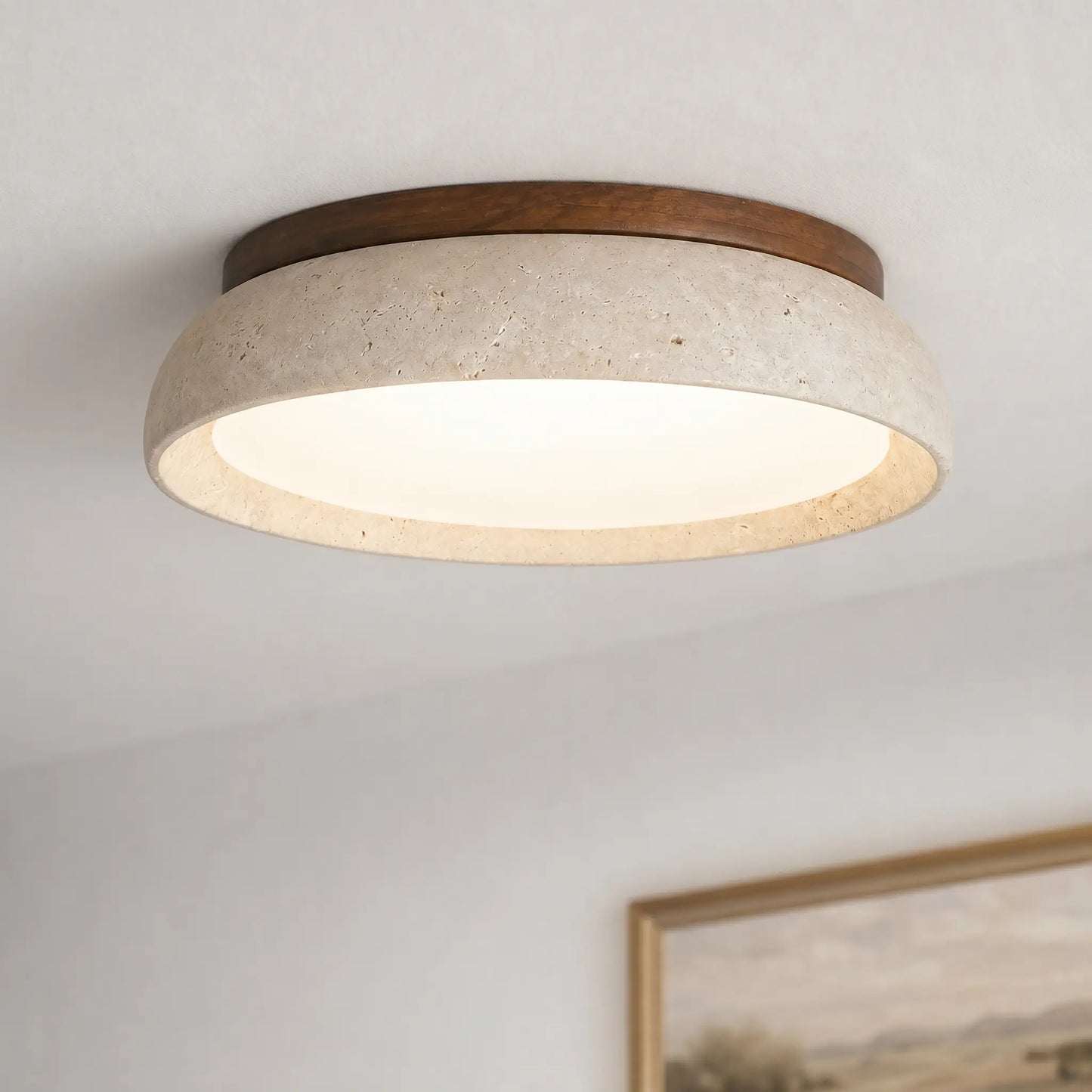 Scandinavische Plafondlamp Travertijn met Houtaccent — Moderne Ronde Opbouwspot Natuursteen en Acryl Inbouw LED Verlichting Warm Wit 3000K Slaapkamer Gang Entree Woonkamer — Ø 30 cm × H 7 cm