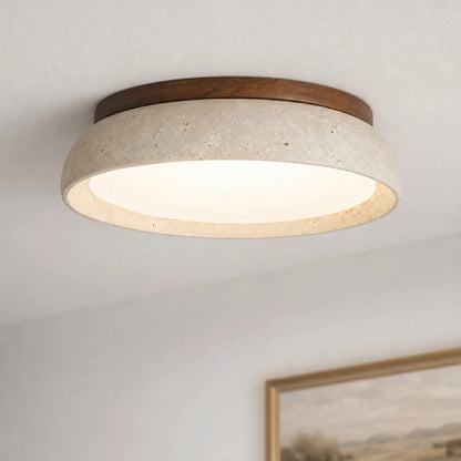 Scandinavische Plafondlamp Travertijn met Houtaccent — Moderne Ronde Opbouwspot Natuursteen en Acryl Inbouw LED Verlichting Warm Wit 3000K Slaapkamer Gang Entree Woonkamer — Ø 30 cm × H 7 cm