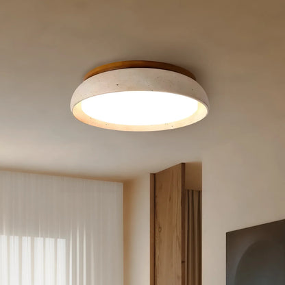 Scandinavische Plafondlamp Travertijn met Houtaccent — Moderne Ronde Opbouwspot Natuursteen en Acryl Inbouw LED Verlichting Warm Wit 3000K Slaapkamer Gang Entree Woonkamer — Ø 30 cm × H 7 cm