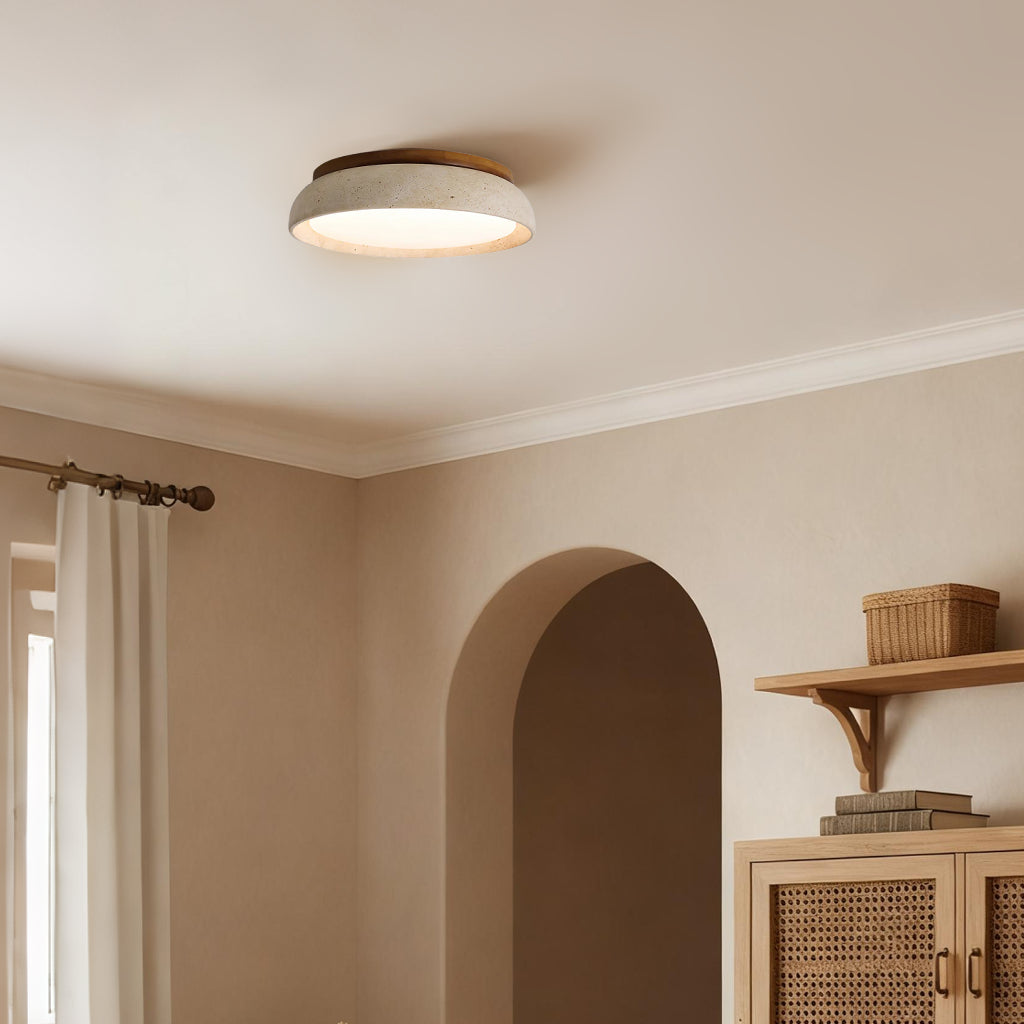 Scandinavische Plafondlamp Travertijn met Houtaccent — Moderne Ronde Opbouwspot Natuursteen en Acryl Inbouw LED Verlichting Warm Wit 3000K Slaapkamer Gang Entree Woonkamer — Ø 30 cm × H 7 cm