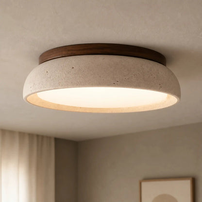 Scandinavische Plafondlamp Travertijn met Houtaccent — Moderne Ronde Opbouwspot Natuursteen en Acryl Inbouw LED Verlichting Warm Wit 3000K Slaapkamer Gang Entree Woonkamer — Ø 30 cm × H 7 cm