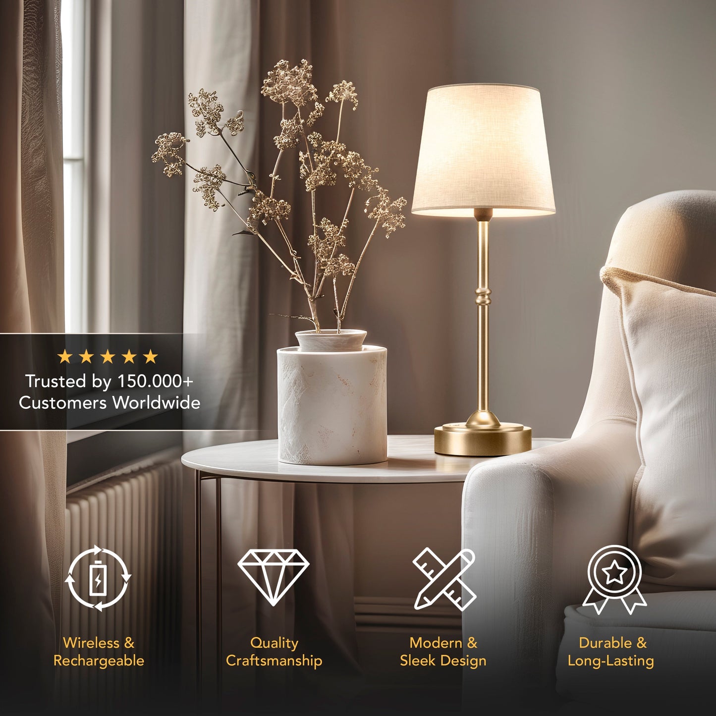 Tafellamp Oplaadbaar Draadloos Goud Wit Kap 40cm USB-C Touch Dimbaar Slaapkamer Woonkamer
