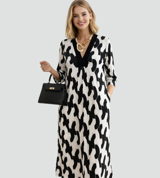 Vrouwen Maxi Jurk Met V-Hals en 3/4 Mouwen Elegant Zwart - StudioMarella