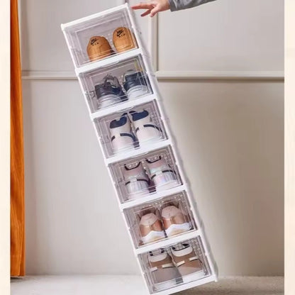Opvouwbaar Schoenenrek 3 Lagen Wit Kunststof met Transparante Deur Platbesparend Stapelbaar Organizer Kastje 25,5×34,5×52,5cm Modulair Opbergsysteem
