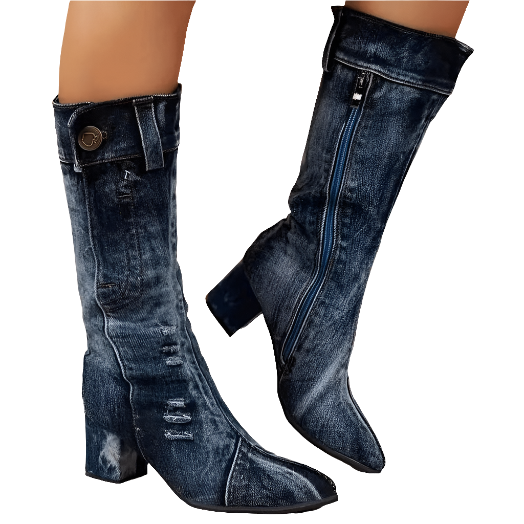 Dames Cowboy Laarzen Blauw Halfhoog Leer