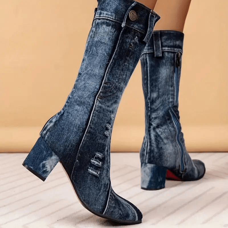 Dames Cowboy Laarzen Blauw Halfhoog Leer